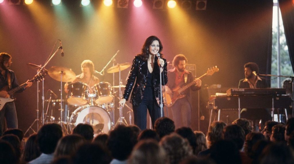 Lynda Carter performing on stage holding a microphone with a band in the background in a concert setting