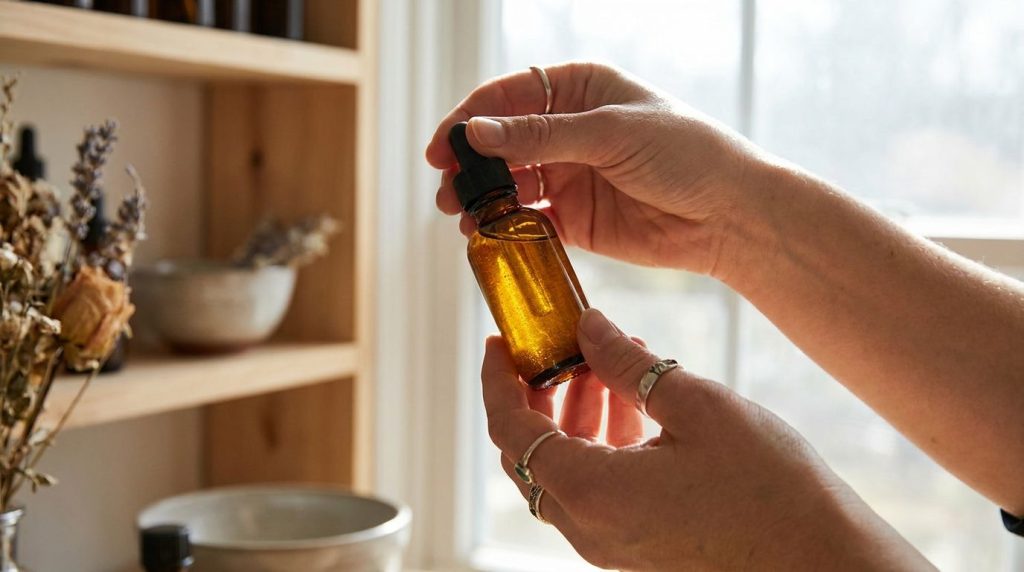 Close-up of hands gently shaking a small dark glass dropper bottle containing a homemade oil blend with a soft focus bac