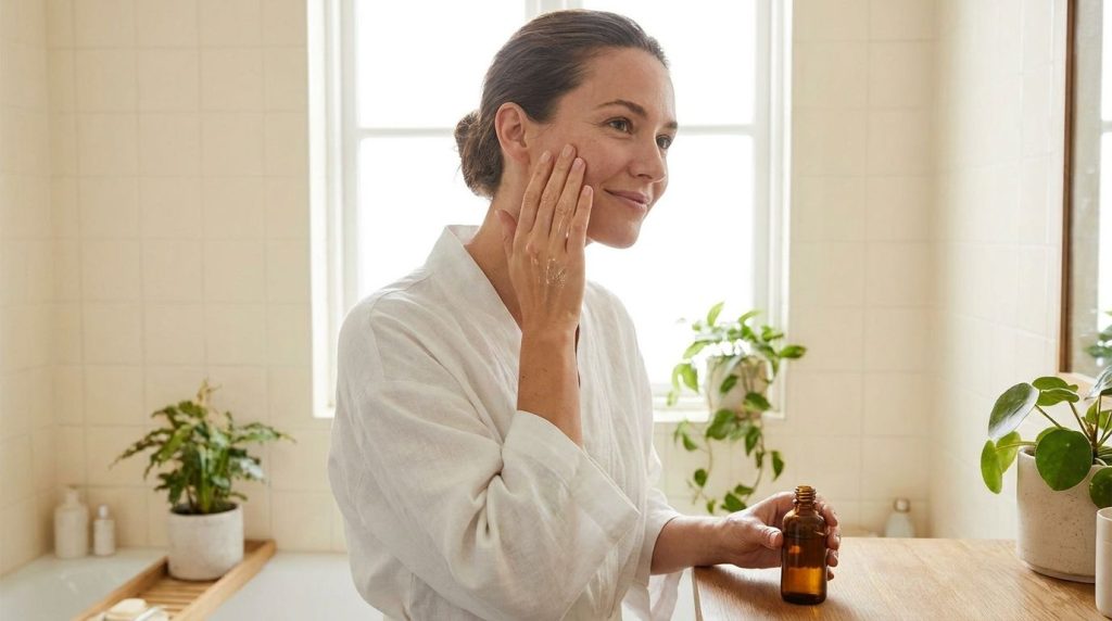 A woman with a clean fresh face gently massaging a few drops of oil onto her cheek with her fingertips in a bright bathr
