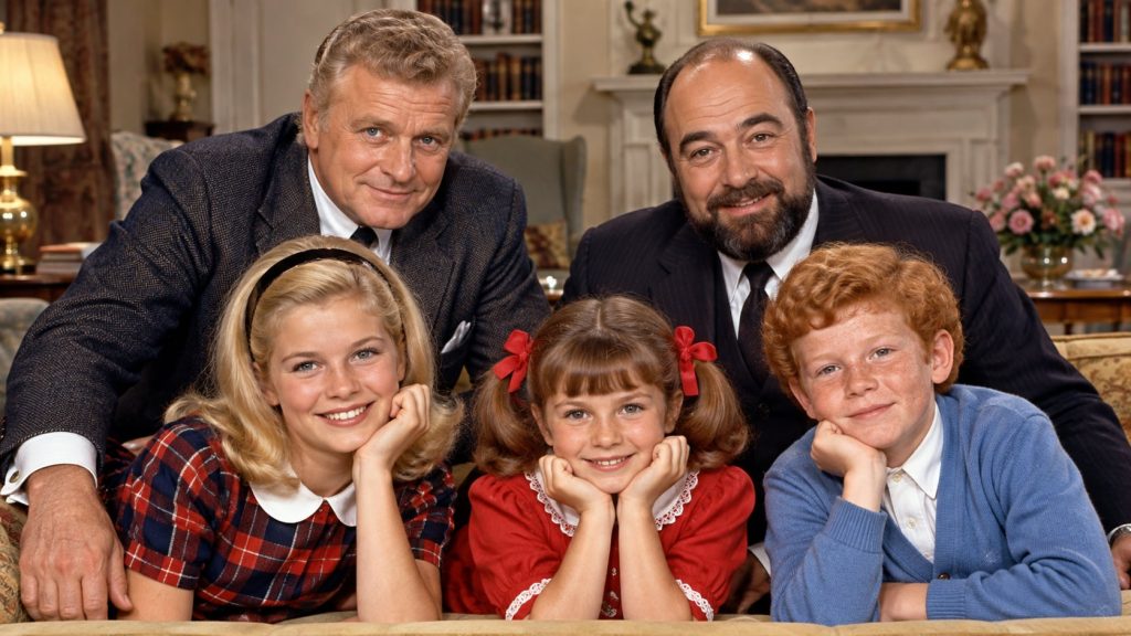 Promotional photo of the cast of Family Affair including Brian Keith Sebastian Cabot Kathy Garver Anissa Jones and Johnn