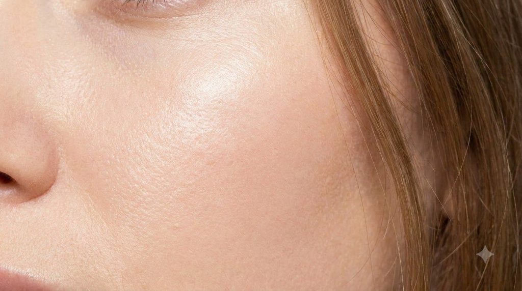 Close-up of smooth glowing skin possibly a cheek or forehead showing reduced pore visibility and a soft texture The afte