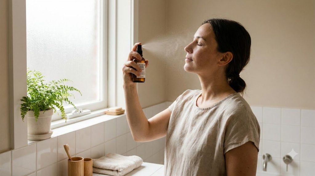 A woman gently spraying the rice water tonic onto her clean face with her eyes closed in a brightly lit bathroom setting