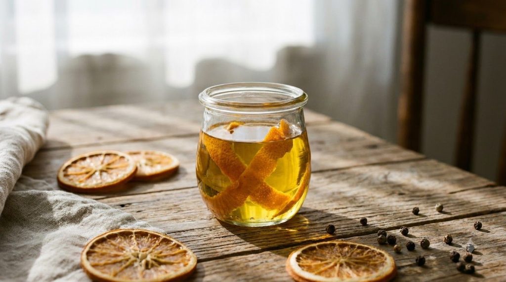 A small glass jar with baby oil and orange peels infusing placed on a wooden surface with a soft natural light