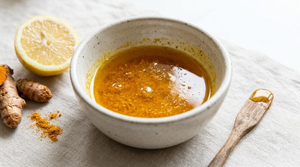 A small bowl containing a yellow-orange oil blend made with baby oil turmeric and lemon ready for application against a 