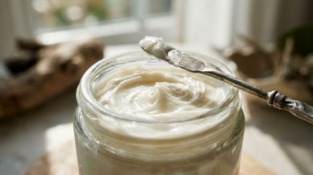 A close-up of a small glass jar containing the mixed aloe vera Vaseline and oil balm with a small spatula beside it on a