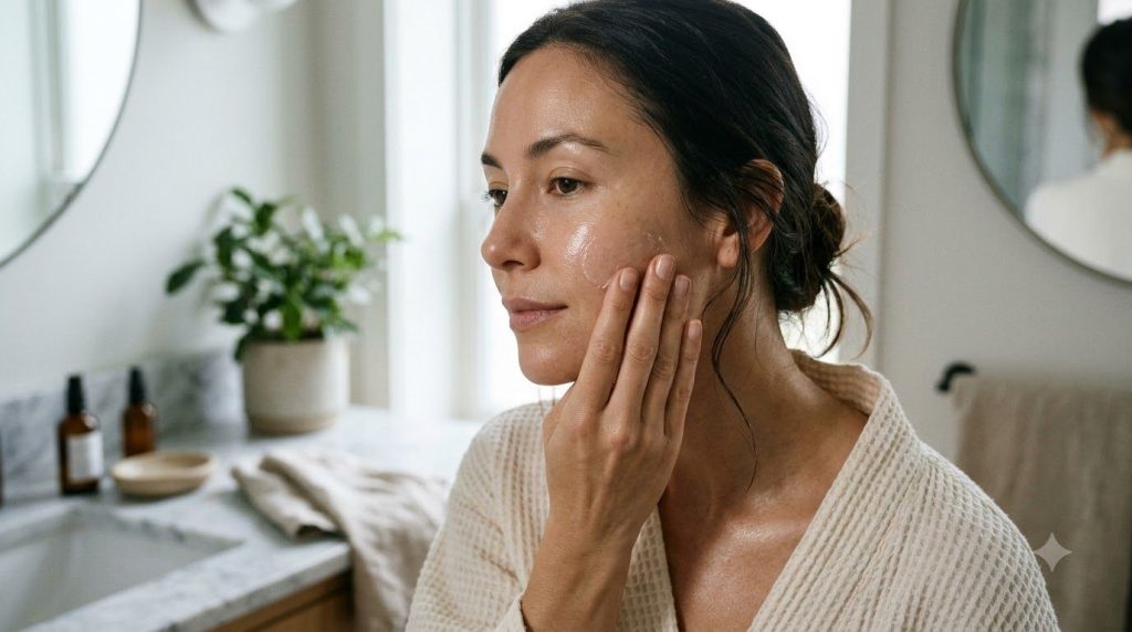 A woman gently applying a small amount of balm to her face focusing on her cheek with a soft glow on her skin