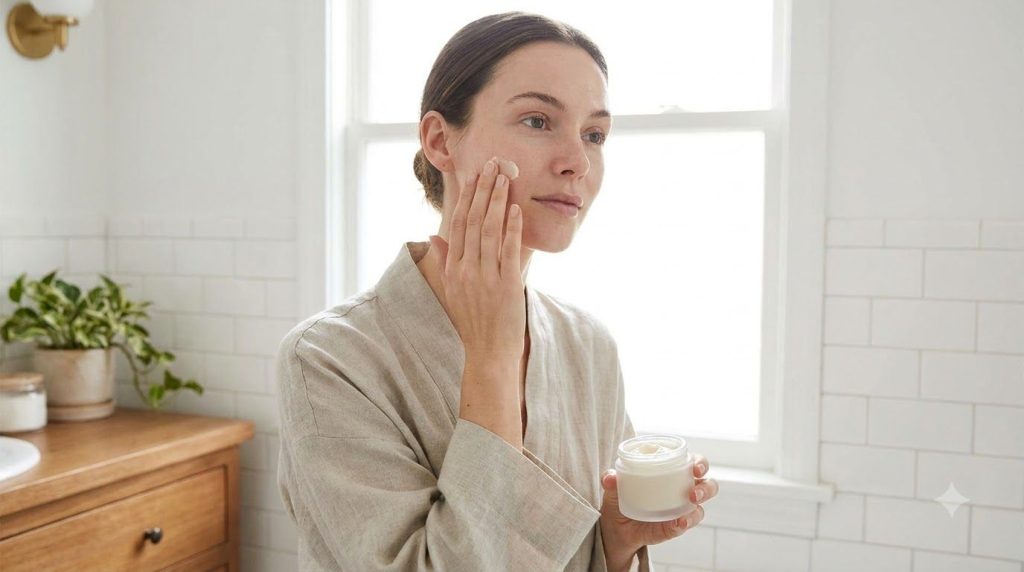 A woman gently applying a small amount of a homemade beauty mix to her cheek with her fingertips demonstrating the appli