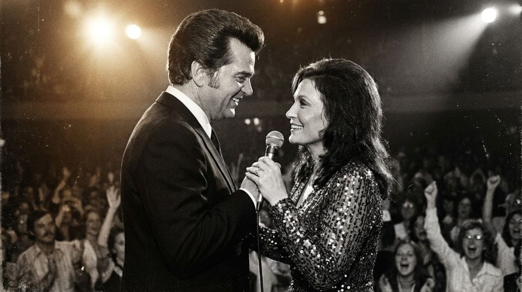 A black and white archival photo of Conway Twitty and Loretta Lynn performing together on stage smiling and looking at e