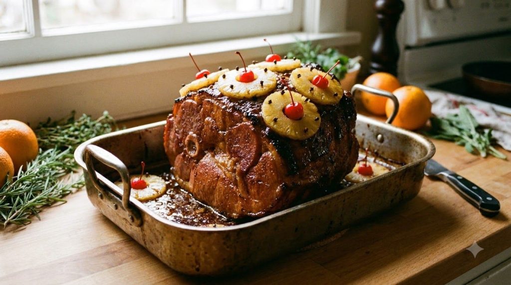 A festive baked ham studded with pineapple rings and cherries covered in a sweet brown sugar glaze sitting in a roasting