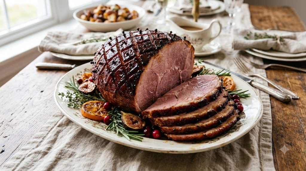 A glossy baked ham with a rich maple-Dijon glaze beautifully browned and sliced on a serving platter with side dishes bl