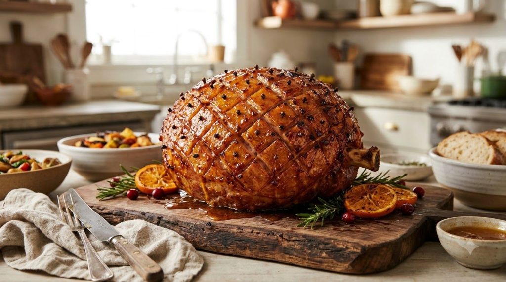 A succulent ham with a rich golden honey glaze lightly caramelized with a few cloves studding the surface ready for serv