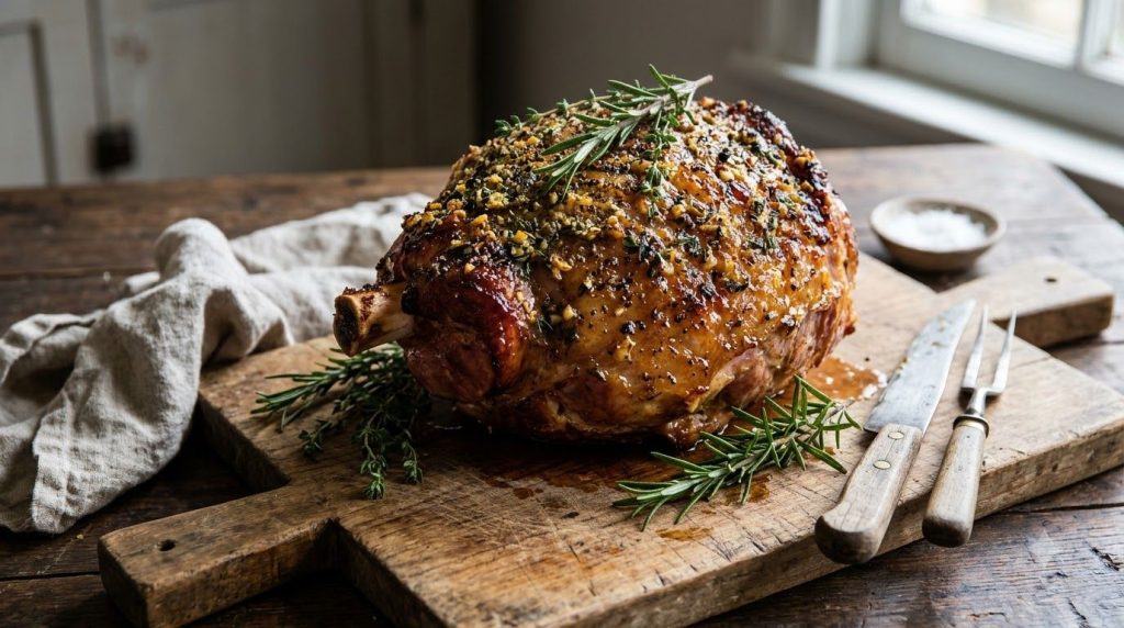 A savory roasted ham with a crispy herb crust garnished with fresh rosemary and thyme sprigs on a serving board