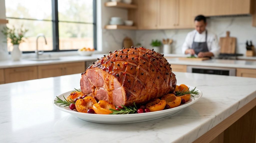 A baked ham with a glistening reddish-orange spicy apricot glaze possibly with a hint of red pepper flakes visible on a 
