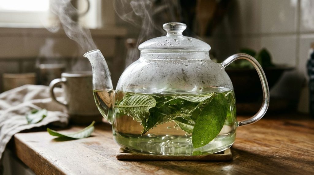A clear glass teapot with boiling water and fresh green guava leaves steeping inside creating a light golden-green tea