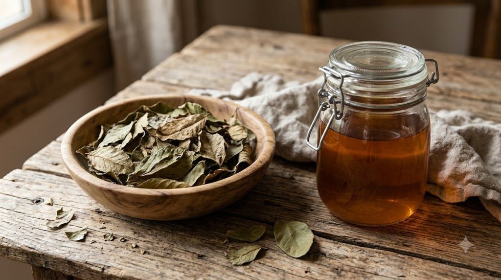 A collection of dried guava leaves neatly arranged in a wooden bowl next to a sealed glass jar of prepared guava leaf te