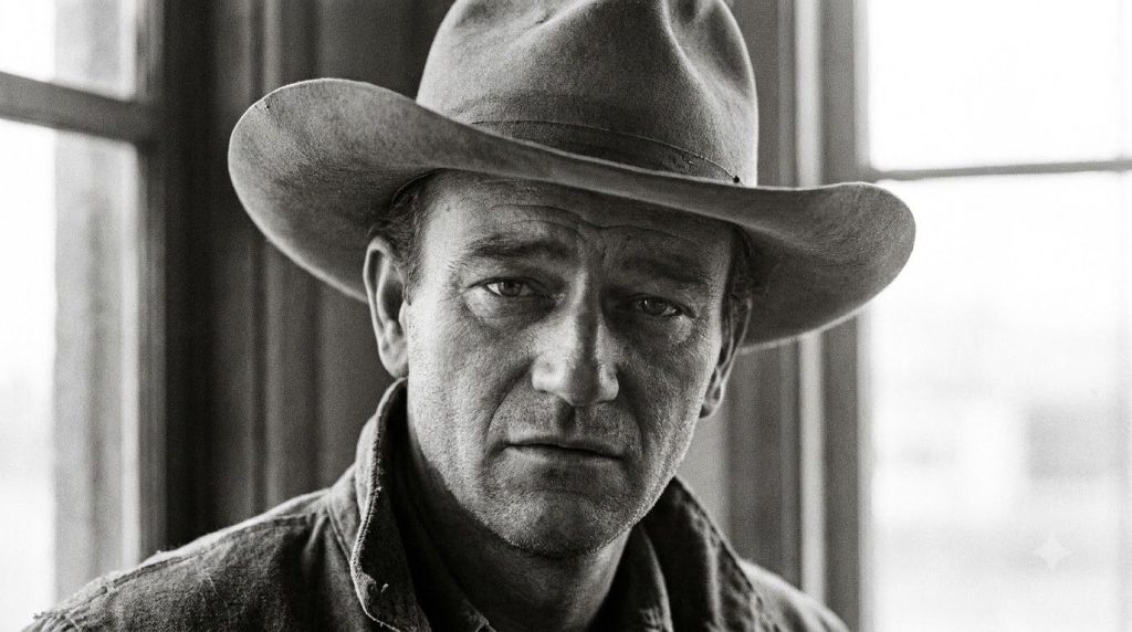 A close-up portrait of a young John Wayne looking serious and determined possibly from one of his early Western films ag