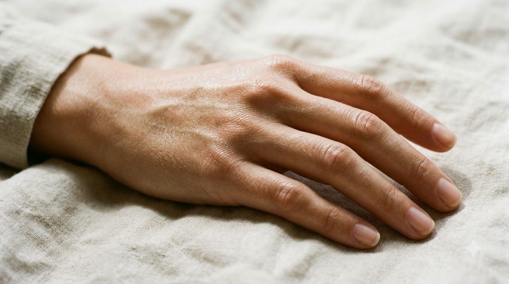 A close-up of a hand with visibly hydrated skin perhaps with a slight sheen representing the glowing skin effect