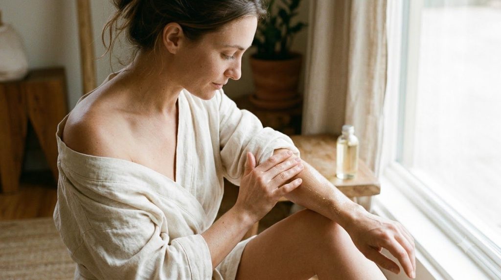 A woman gently massaging baby oil into her arm after a shower showing smooth hydrated skin