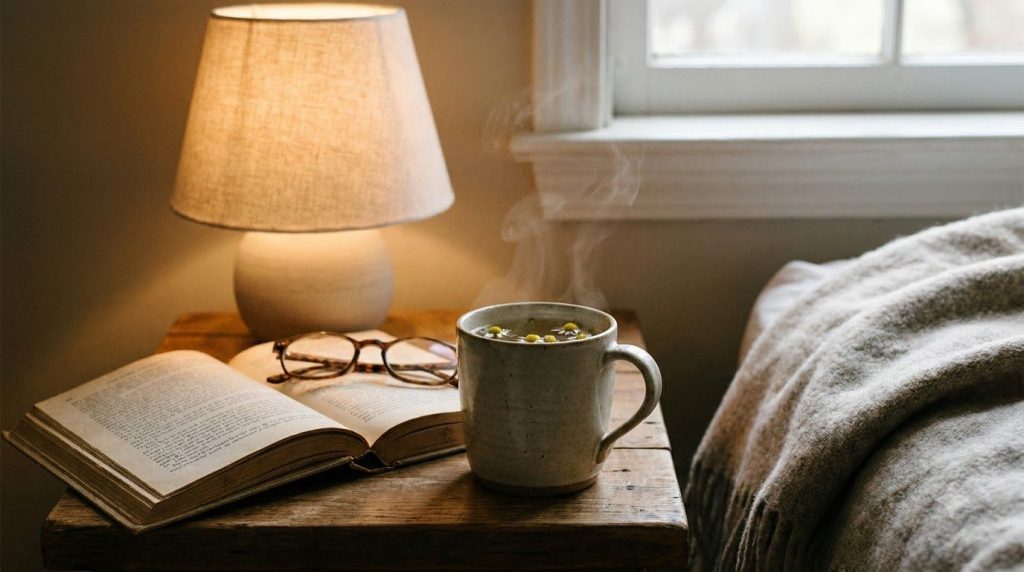 A soothing cup of chamomile herbal tea on a bedside table with a book creating a calm and peaceful nighttime scene