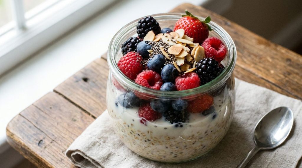 A delicious vibrant bowl of overnight steel-cut oats topped with fresh berries sliced almonds and a drizzle of honey sug