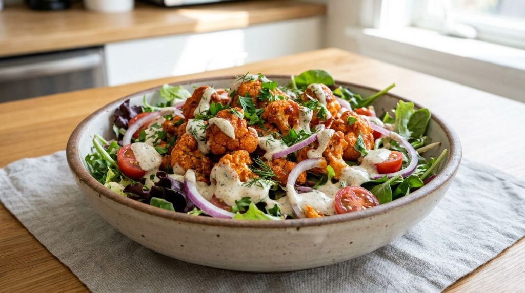 A vibrant Buffalo Cauliflower Salad in a large bowl featuring crispy buffalo cauliflower mixed greens red onion cherry t