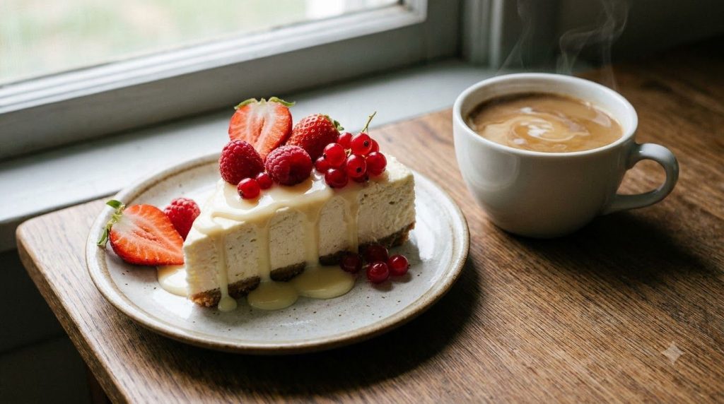 A slice of no-bake cheesecake drizzled with homemade condensed milk served on a white plate with fresh berries A cup of 