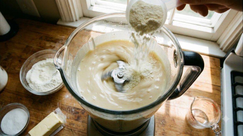 A blender with homemade condensed milk being prepared Powdered milk is being poured into the blender with a creamy liqui
