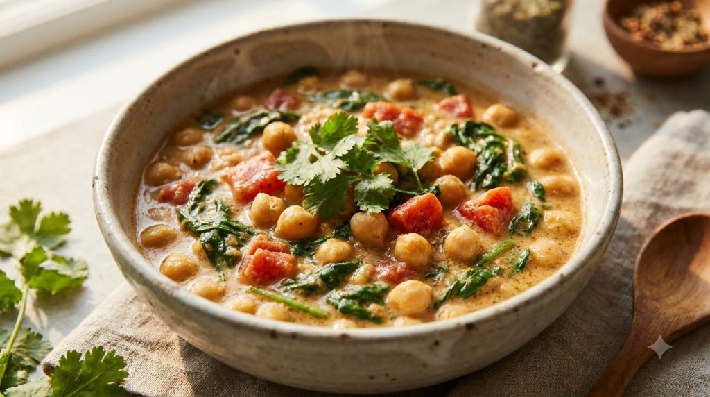 A vibrant creamy chickpea curry with spinach and tomatoes served in a rustic bowl with a spoon garnished with fresh cila