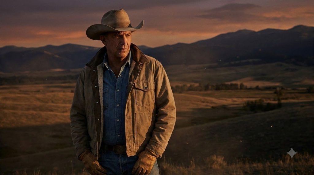 Kevin Costner as John Dutton in Yellowstone wearing a cowboy hat and rancher attire looking serious on a ranch