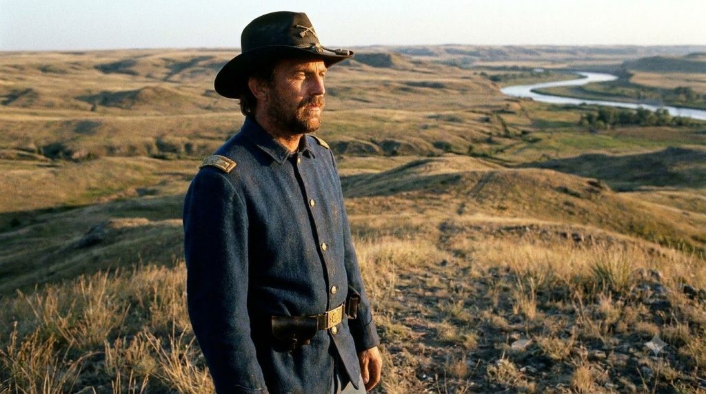 Kevin Costner in a scene from Dances with Wolves dressed in military uniform or period attire interacting with a wolf or
