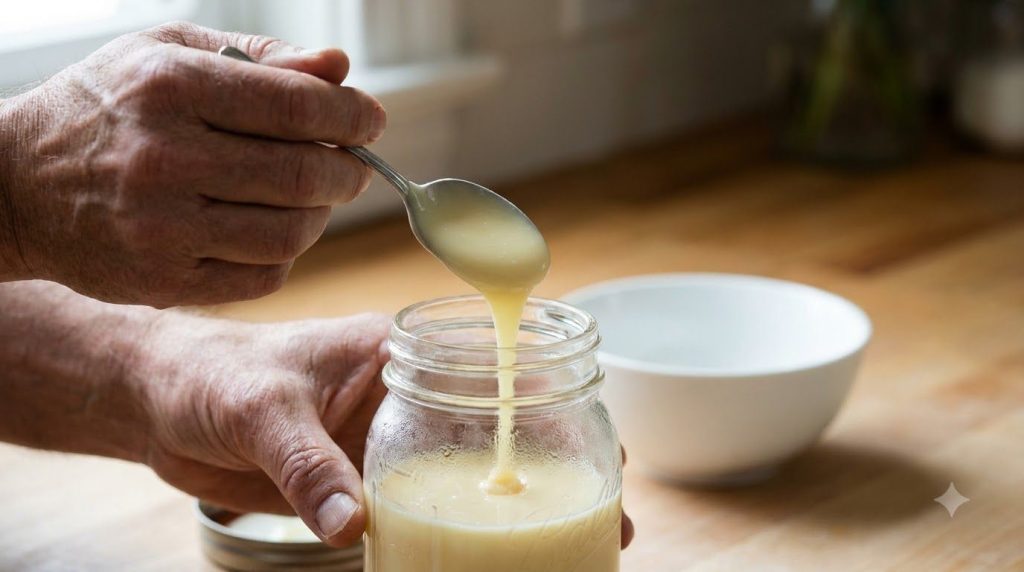 A person s hand holding a spoon testing the creamy texture of homemade condensed milk in a glass jar The background is a