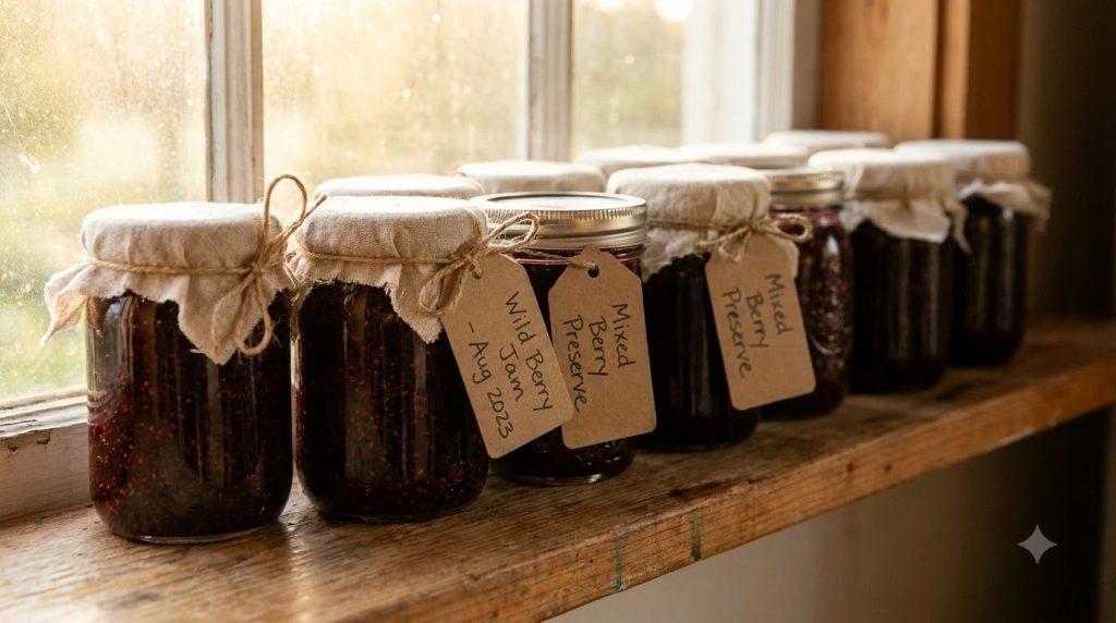 Several sealed glass jars of homemade wild berry jam are neatly lined up on a wooden shelf or counter with rustic labels