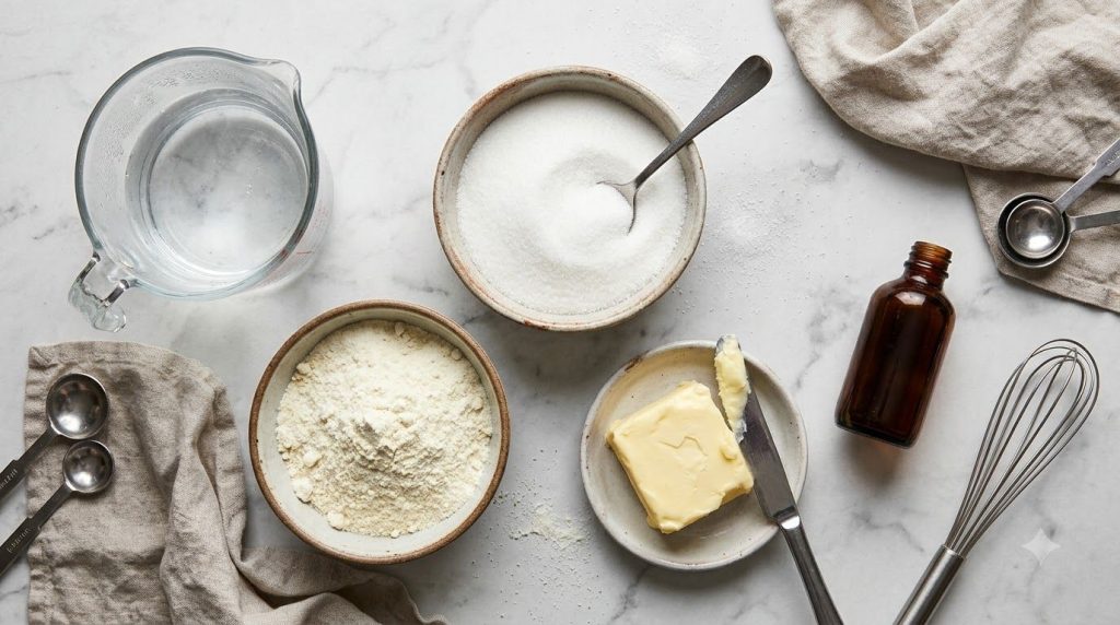 Ingredients for homemade condensed milk laid out on a kitchen counter a cup of hot water granulated sugar dry milk powde