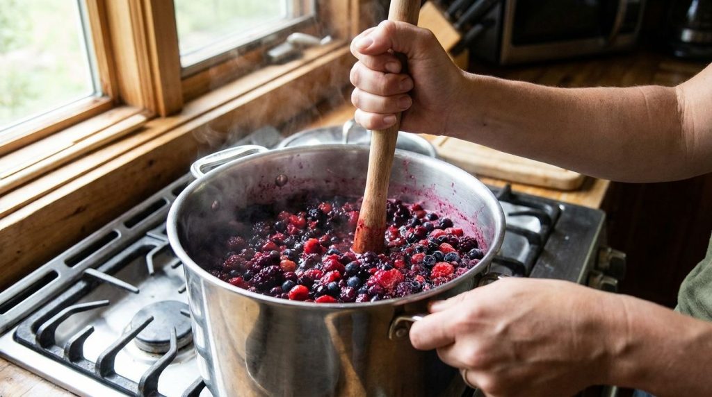 A pair of hands gently mashing softened wild berries in a large stainless steel pot on a stove with steam rising The ber