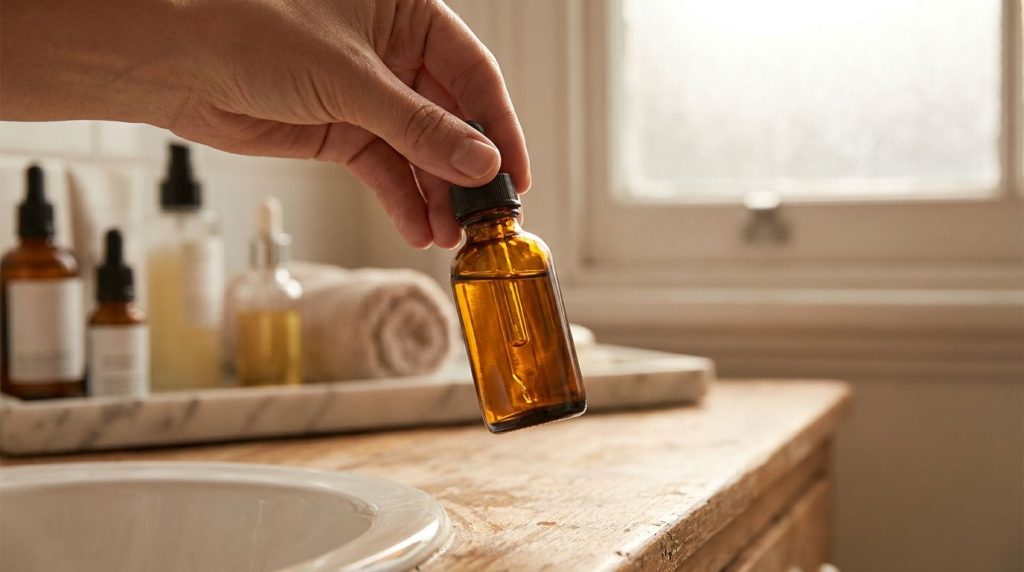 A person s hand holding a dropper bottle filled with the mixed oil shaking it gently to combine ingredients with a soft-