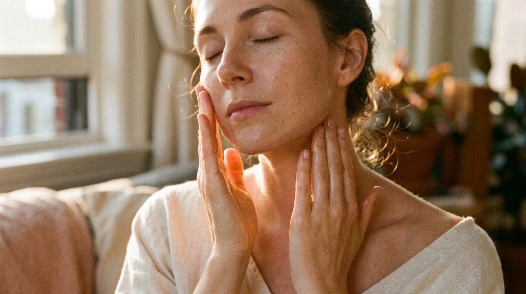 A close-up of a woman gently massaging the oil blend onto her face and neck focusing on upward strokes with a soft warm 