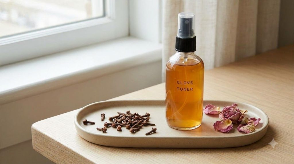 A clean spray bottle filled with homemade clove toner next to a small pile of whole cloves and a few rose petals on a si