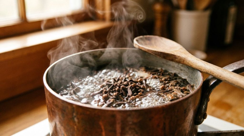 Close-up of whole cloves simmering in a small saucepan with water steam gently rising