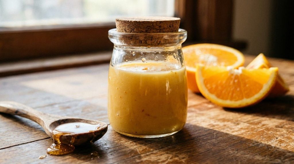A close-up of a small glass jar containing a homemade orange and honey beauty balm with fresh orange slices and a drizzl