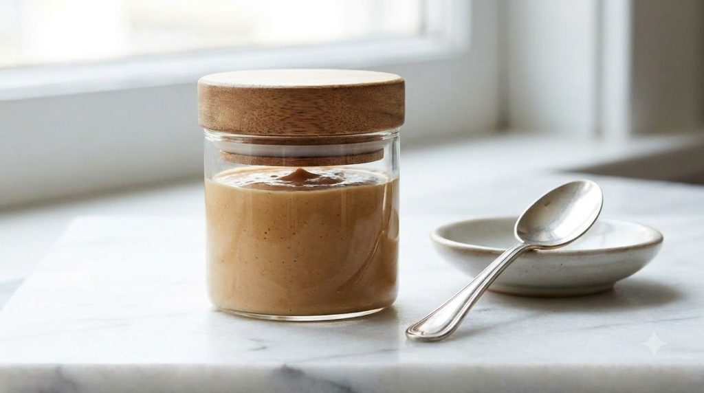 A small clean airtight glass jar filled with the prepared DIY coffee anti-aging gel with a spoon resting beside it on a 