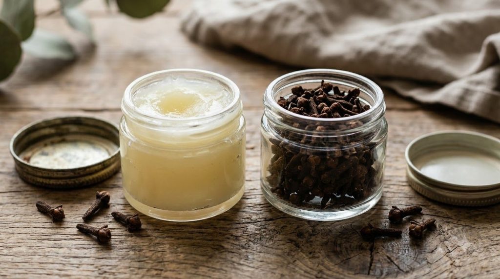 A small jar of Vaseline next to a glass jar filled with dried cloves indicating a natural remedy for wrinkles placed on 