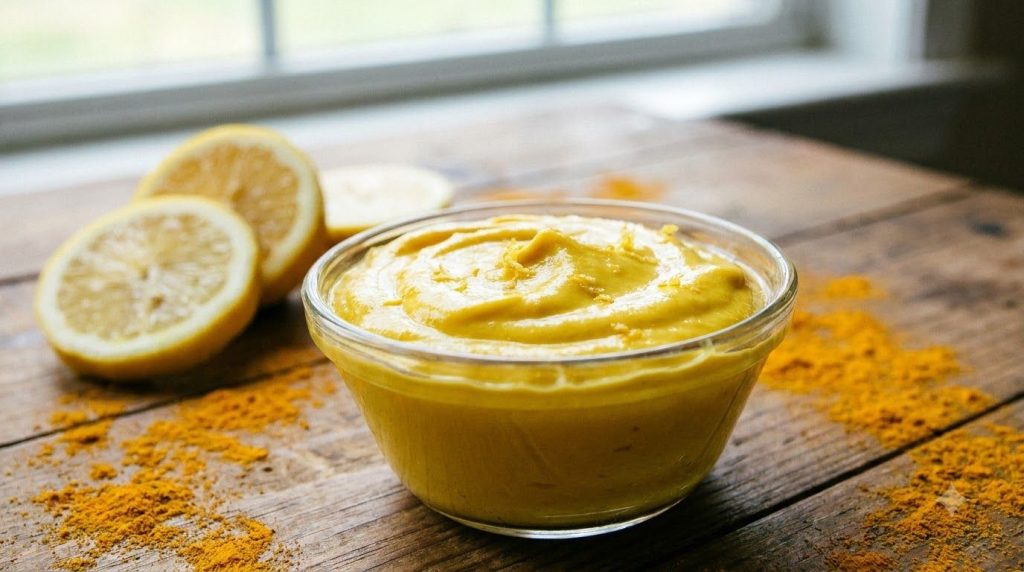 A close-up of a small glass bowl containing a vibrant yellow turmeric and lemon paste ready to be applied with fresh lem