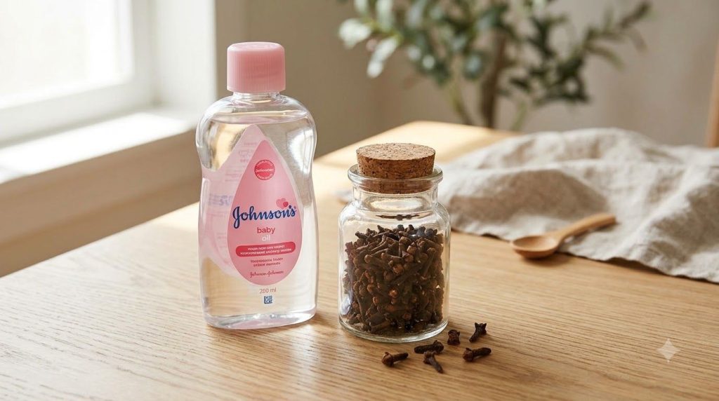 A Johnson s baby oil bottle next to a glass jar of cloves illustrating a natural method to boost collagen in the skin