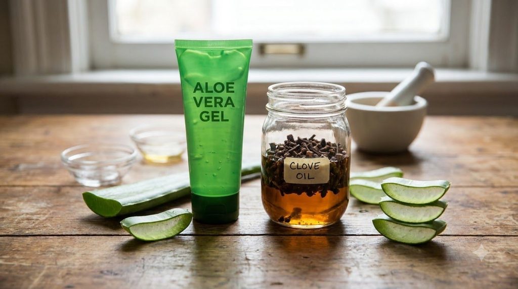 A tube of Aloe Vera Gel next to a jar of cloves in oil with fresh aloe vera slices showing a natural solution for large 