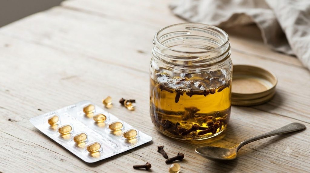 A jar with cloves steeped in oil next to a blister pack of vitamin E capsules suggesting a recipe for achieving glass sk