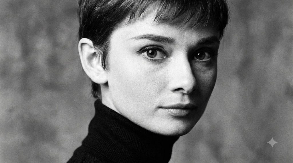 A black and white portrait of Audrey Hepburn with her iconic gamine look