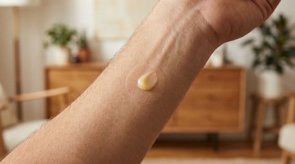 A person performing a patch test on their inner arm with a small dab of the homemade skin blend The focus is on the arm