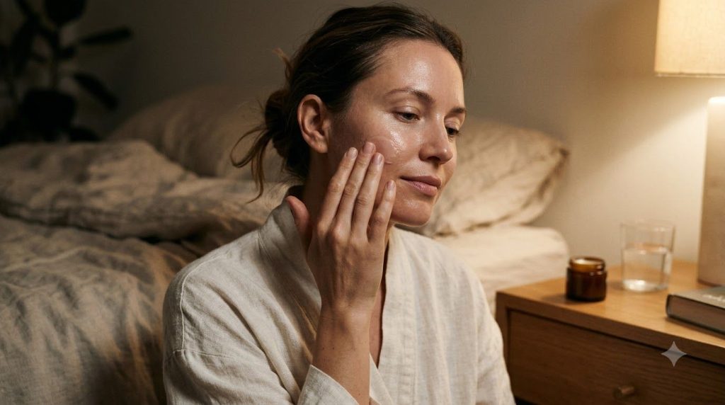 A woman gently massaging the Vaseline and olive oil blend onto her face at night showing a soft focused expression Her s