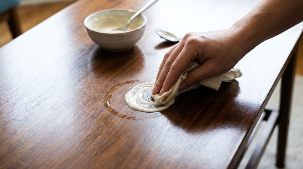 A hand gently applying a creamy mixture of mayonnaise and baking soda to a section of a dark wooden coffee table trying