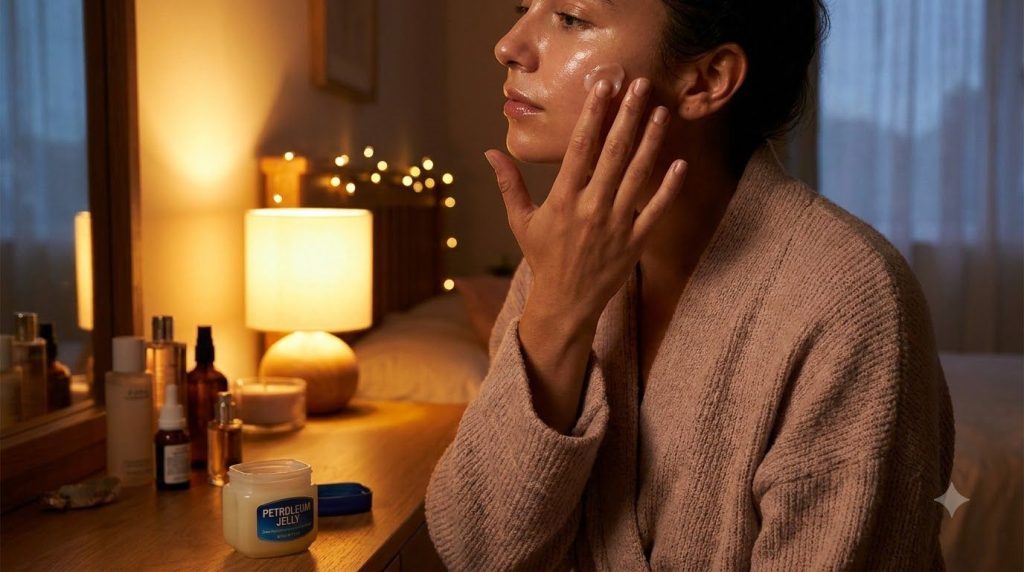 A hand applying a thin layer of petroleum jelly over a moisturized face at night illustrating the slugging technique for